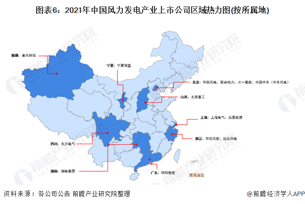 图表6：2021年中国风力发电产业上市公司区域热力图(按所属地)
