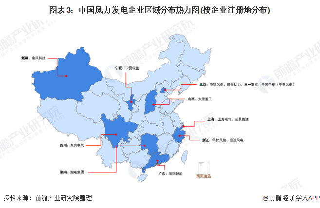 图表3：中国风力发电企业区域分布热力图(按企业注册地分布)