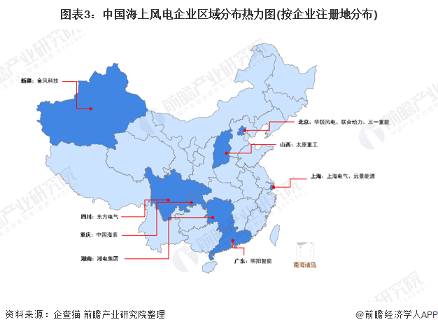 图表3：中国海上风电企业区域分布热力图(按企业注册地分布)