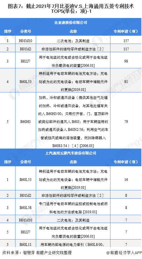 图表7：截止2021年7月比亚迪V.S.上海通用五菱专利技术TOP5(单位：项)-1