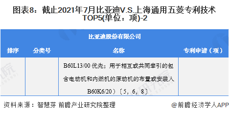 图表8：截止2021年7月比亚迪V.S.上海通用五菱专利技术TOP5(单位：项)-2