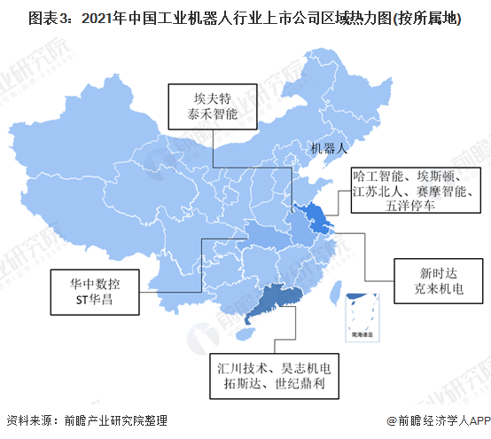 图表3：2021年中国工业机器人行业上市公司区域热力图(按所属地)