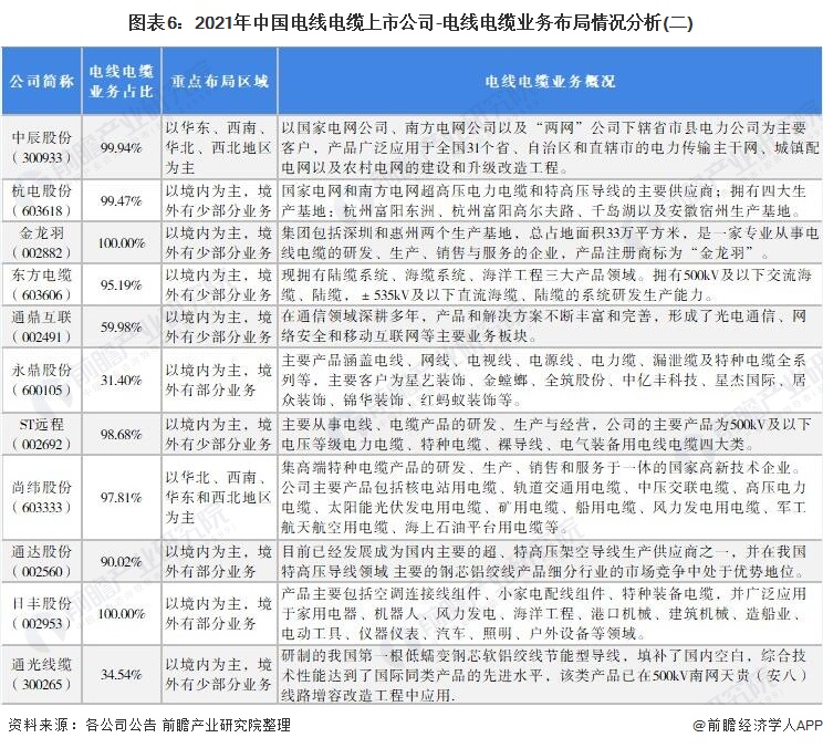 图表6：2021年中国电线电缆上市公司-电线电缆业务布局情况分析(二)
